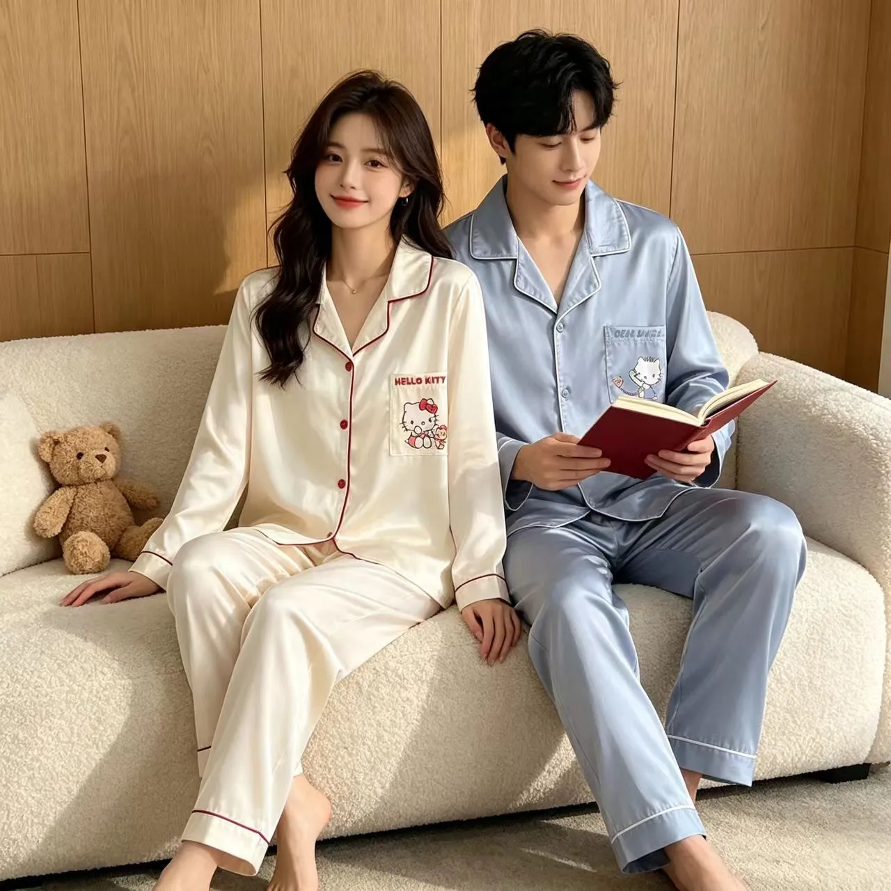커플 파자마 아이스실크 긴팔 긴바지 투피스 세트 외출 가능 봄가을 신상 캐릭터 KT고양이 얇은 홈웨어 · 도매 · OEM · 전 세계 배송 - View 4
