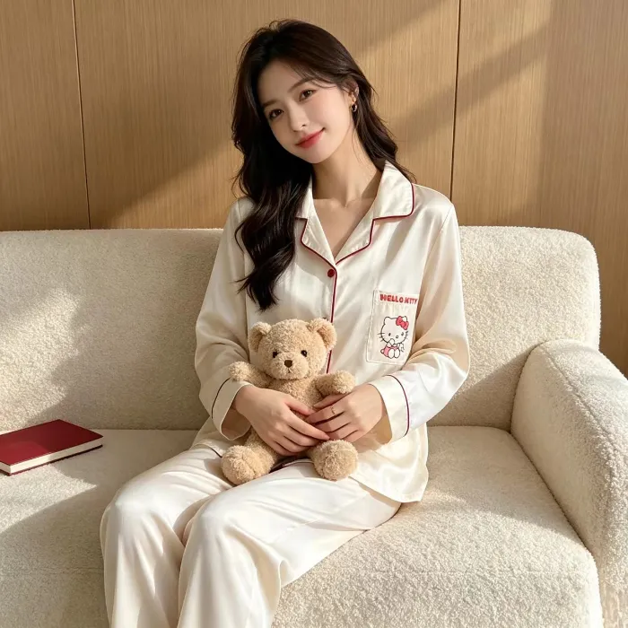 커플 파자마 아이스실크 긴팔 긴바지 투피스 세트 외출 가능 봄가을 신상 캐릭터 KT고양이 얇은 홈웨어 · 도매 · OEM · 전 세계 배송 - Detail 1