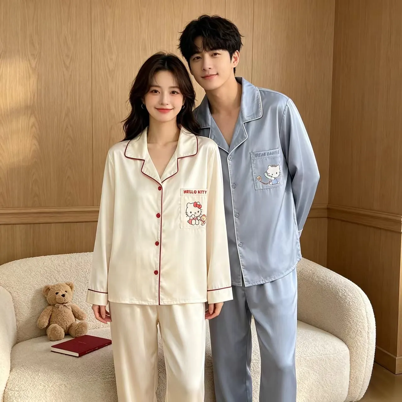 커플 파자마 아이스실크 긴팔 긴바지 투피스 세트 외출 가능 봄가을 신상 캐릭터 KT고양이 얇은 홈웨어 · 도매 · OEM · 전 세계 배송 - View 3