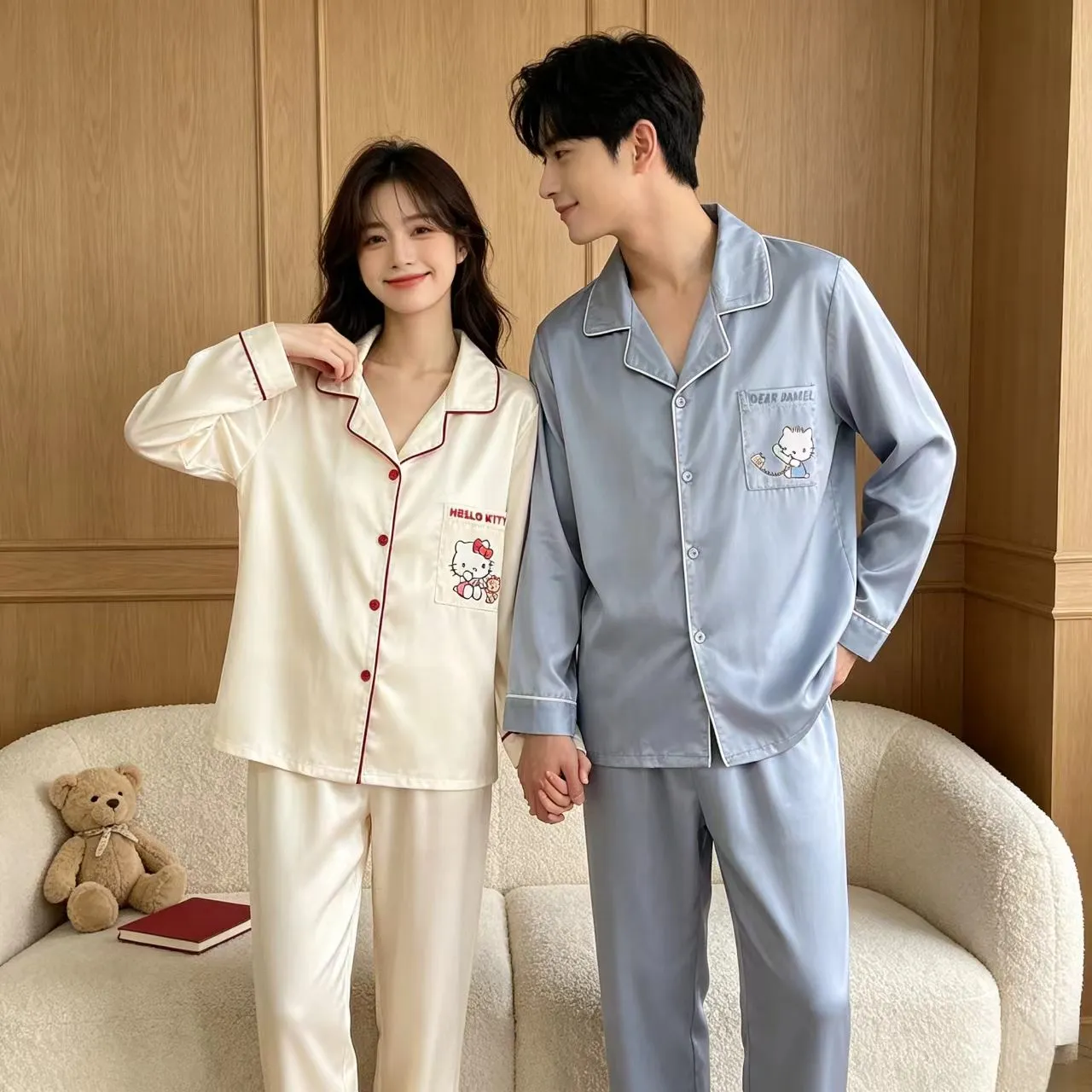 커플 파자마 아이스실크 긴팔 긴바지 투피스 세트 외출 가능 봄가을 신상 캐릭터 KT고양이 얇은 홈웨어 · 도매 · OEM · 전 세계 배송 - View 1