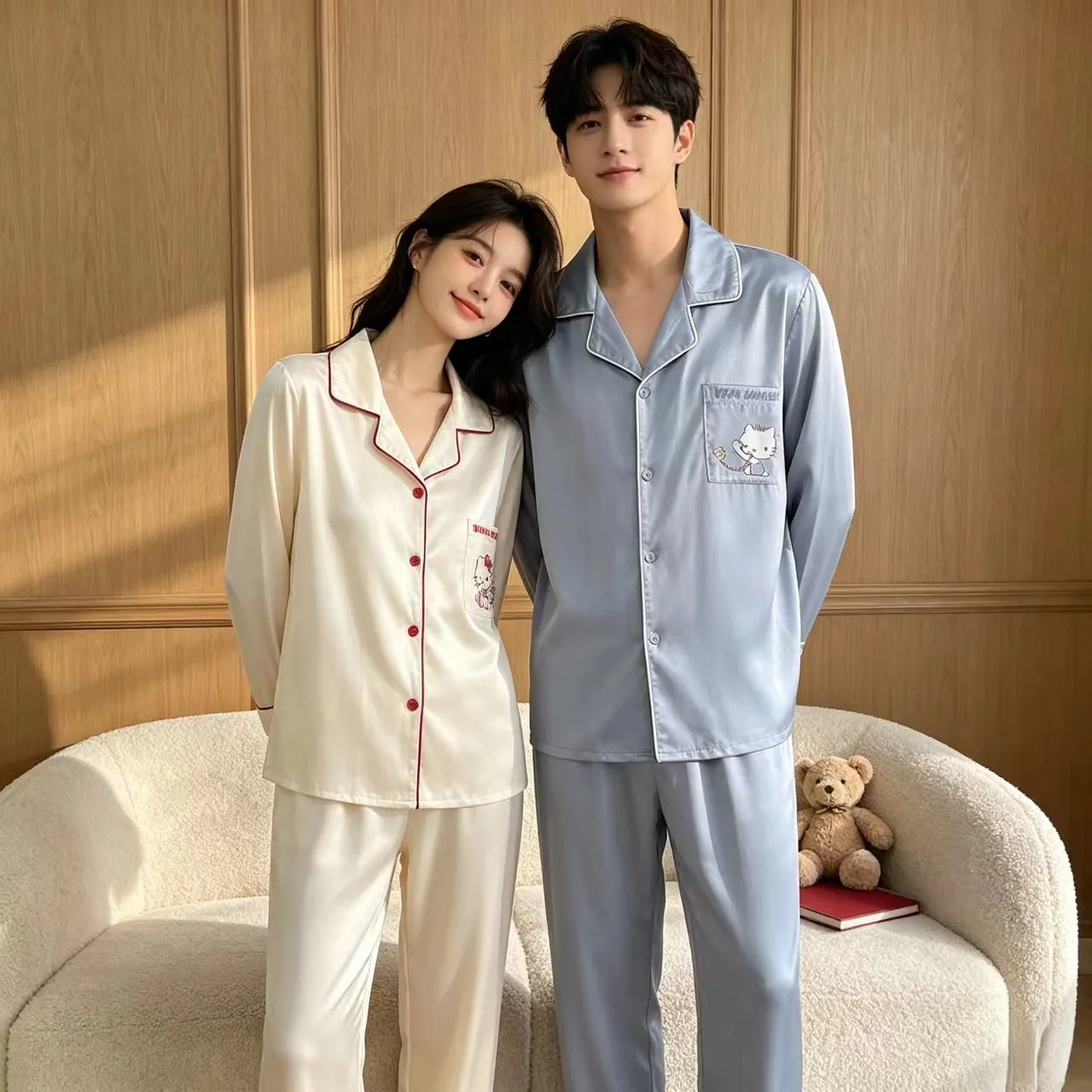 커플 파자마 아이스실크 긴팔 긴바지 투피스 세트 외출 가능 봄가을 신상 캐릭터 KT고양이 얇은 홈웨어 · 도매 · OEM · 전 세계 배송 - View 2