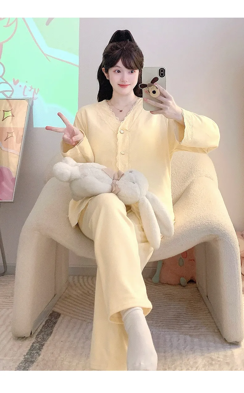 캐시미어 파자마 여성 가을겨울 가디건 달콤한 긴팔 긴바지 빅사이즈 110kg 뚱뚱한 MM 홈웨어 · 도매 · OEM · 전 세계 배송 - Detail 12
