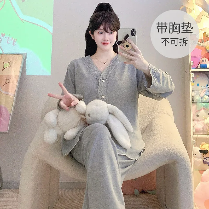 캐시미어 파자마 여성 가을겨울 가디건 달콤한 긴팔 긴바지 빅사이즈 110kg 뚱뚱한 MM 홈웨어 · 도매 · OEM · 전 세계 배송 - Detail 1