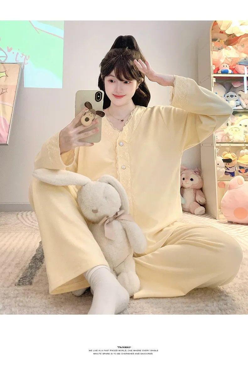 캐시미어 파자마 여성 가을겨울 가디건 달콤한 긴팔 긴바지 빅사이즈 110kg 뚱뚱한 MM 홈웨어 · 도매 · OEM · 전 세계 배송 - Detail 15