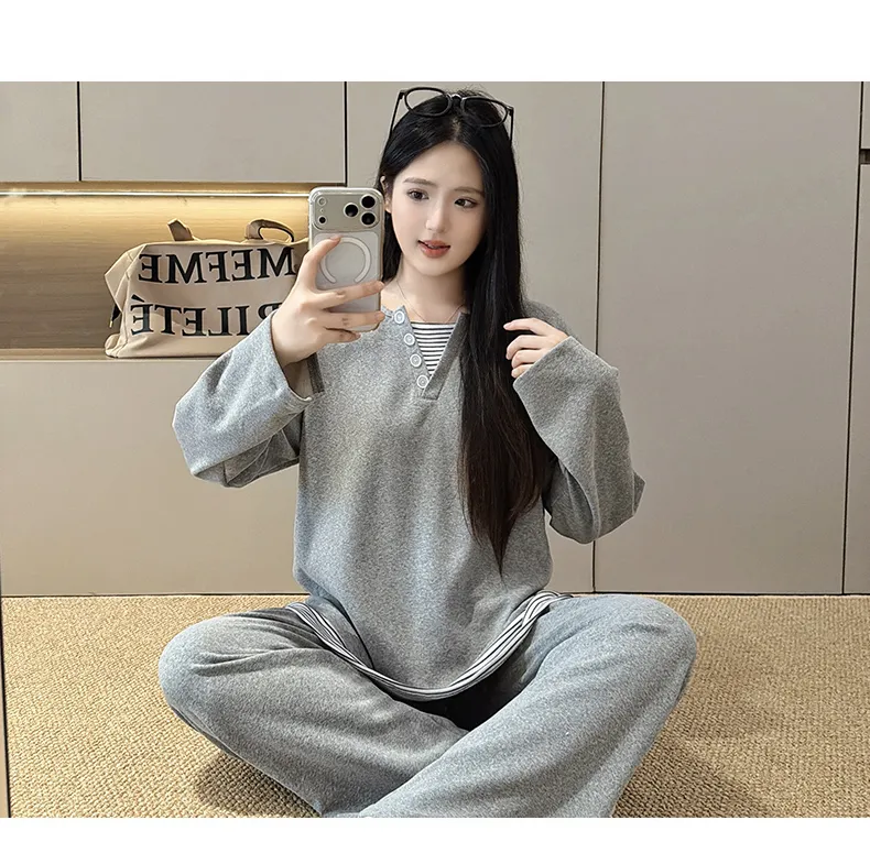 캐시미어 파자마 여성 가을겨울 캐주얼 긴팔 긴바지 빅사이즈 220근 홈웨어 세트 · 도매 · OEM · 전 세계 배송 - Detail 13