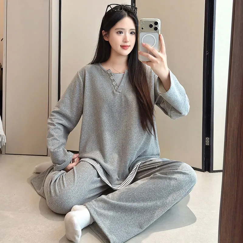 Women's Cashmere Pajamas Autumn Winter Casual Long Sleeve Long Pants Plus Size 220 Jin Loungewear Set