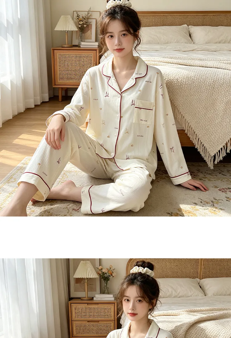 Yuanxing 3577 Ins Style Japanese Sweet Bow Wrinkle Fabric Long Sleeve Homewear Women's Pajama Set · Wholesale · OEM · Worldwide Shipping - Detail 8