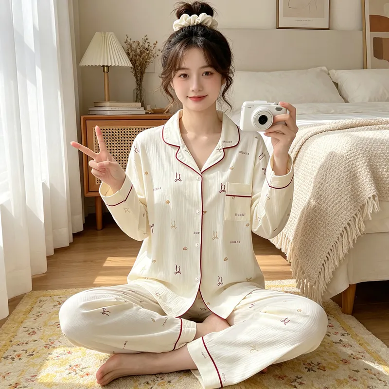 Yuanxing 3577 Ins Style Japanese Sweet Bow Wrinkle Fabric Long Sleeve Homewear Women's Pajama Set · Wholesale · OEM · Worldwide Shipping