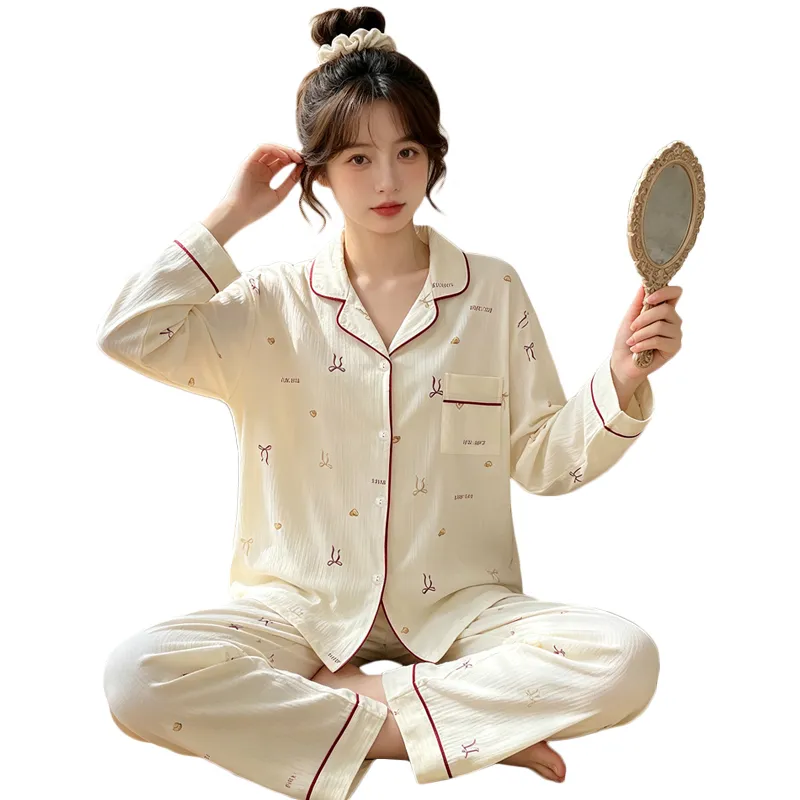 Yuanxing 3577 Ins Style Japanese Sweet Bow Wrinkle Fabric Long Sleeve Homewear Women's Pajama Set · Wholesale · OEM · Worldwide Shipping - View 4