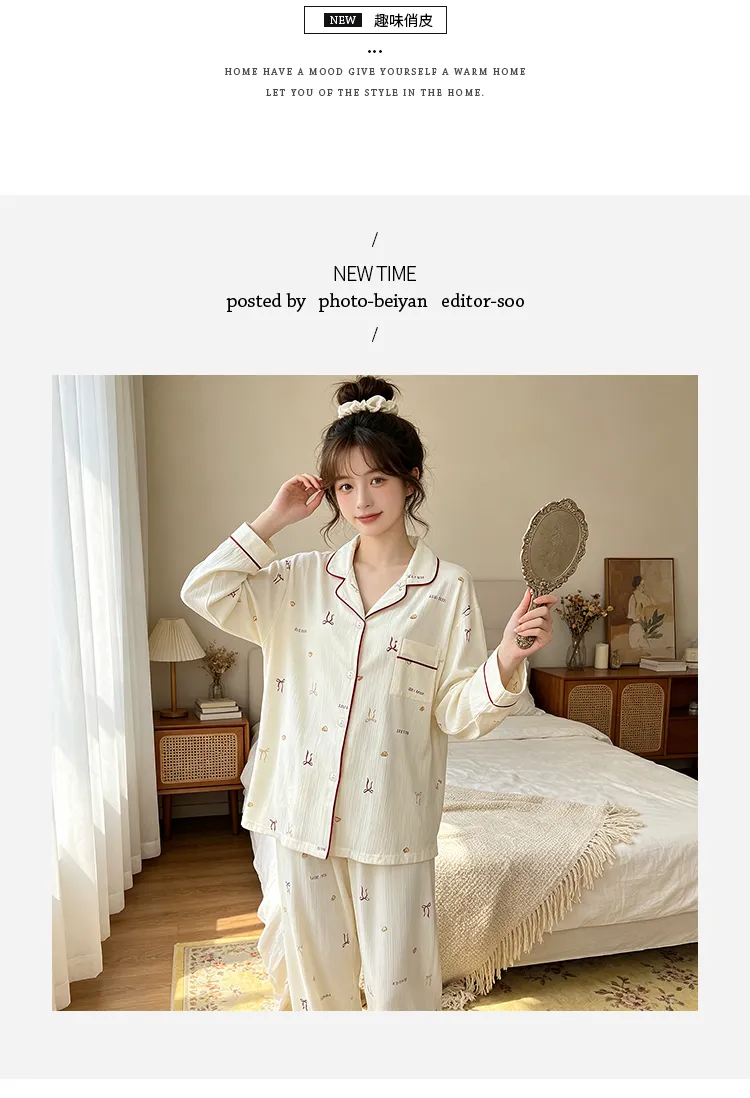 Yuanxing 3577 Ins Style Japanese Sweet Bow Wrinkle Fabric Long Sleeve Homewear Women's Pajama Set · Wholesale · OEM · Worldwide Shipping - Detail 5