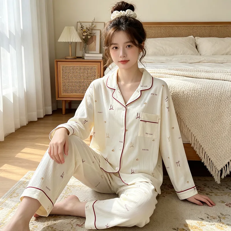 Yuanxing 3577 Ins Style Japanese Sweet Bow Wrinkle Fabric Long Sleeve Homewear Women's Pajama Set · Wholesale · OEM · Worldwide Shipping - View 3