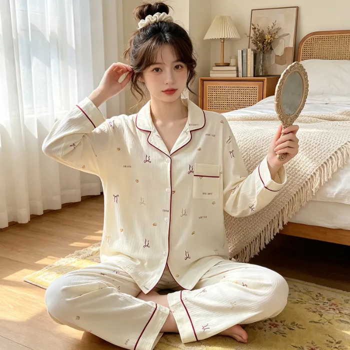Yuanxing 3577 Ins Style Japanese Sweet Bow Wrinkle Fabric Long Sleeve Homewear Women's Pajama Set · Wholesale · OEM · Worldwide Shipping - Detail 1