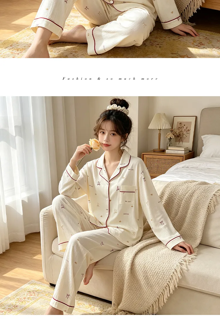 Yuanxing 3577 Ins Style Japanese Sweet Bow Wrinkle Fabric Long Sleeve Homewear Women's Pajama Set · Wholesale · OEM · Worldwide Shipping - Detail 11