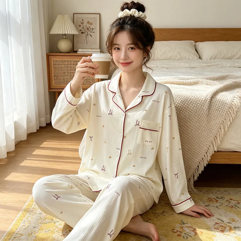 Yuanxing 3577 Ins Style Japanese Sweet Bow Wrinkle Fabric Long Sleeve Homewear Women's Pajama Set · Wholesale · OEM · Worldwide Shipping - View 1