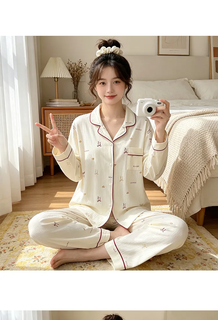 Yuanxing 3577 Ins Style Japanese Sweet Bow Wrinkle Fabric Long Sleeve Homewear Women's Pajama Set · Wholesale · OEM · Worldwide Shipping - Detail 6