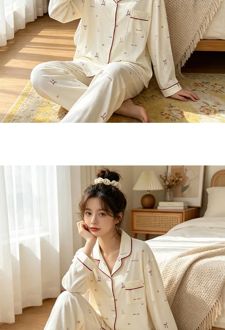 Yuanxing 3577 Ins Style Japanese Sweet Bow Wrinkle Fabric Long Sleeve Homewear Women's Pajama Set · Wholesale · OEM · Worldwide Shipping - Detail 10