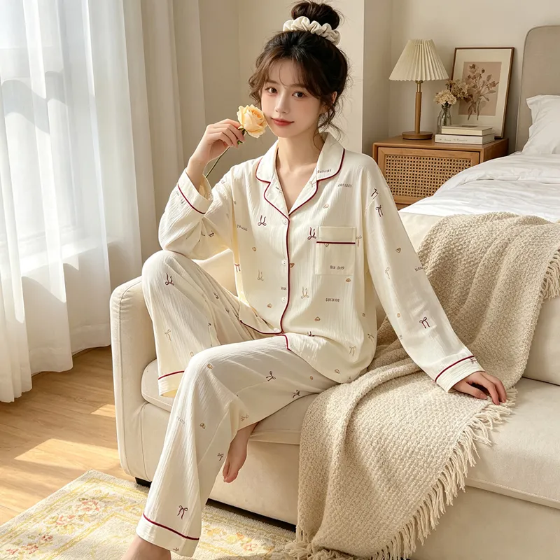 Yuanxing 3577 Ins Style Japanese Sweet Bow Wrinkle Fabric Long Sleeve Homewear Women's Pajama Set · Wholesale · OEM · Worldwide Shipping - View 2
