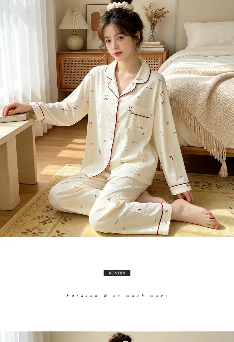 Yuanxing 3577 Ins Style Japanese Sweet Bow Wrinkle Fabric Long Sleeve Homewear Women's Pajama Set · Wholesale · OEM · Worldwide Shipping - Detail 7
