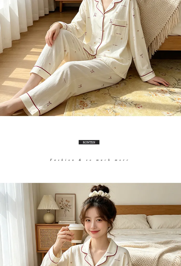 Yuanxing 3577 Ins Style Japanese Sweet Bow Wrinkle Fabric Long Sleeve Homewear Women's Pajama Set · Wholesale · OEM · Worldwide Shipping - Detail 9