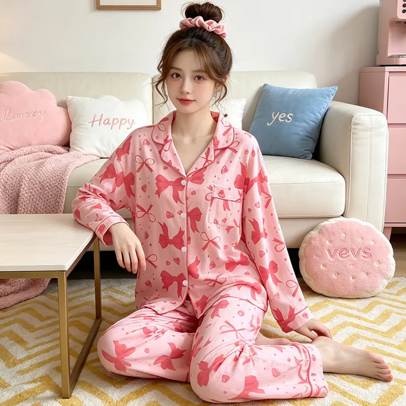 Yuanxing 3578 Ins Style Japanese Sweet Bow Wrinkle Fabric Long Sleeve Long Pants Loungewear Women's Pajama Set · Wholesale · OEM · Worldwide Shipping - View 2