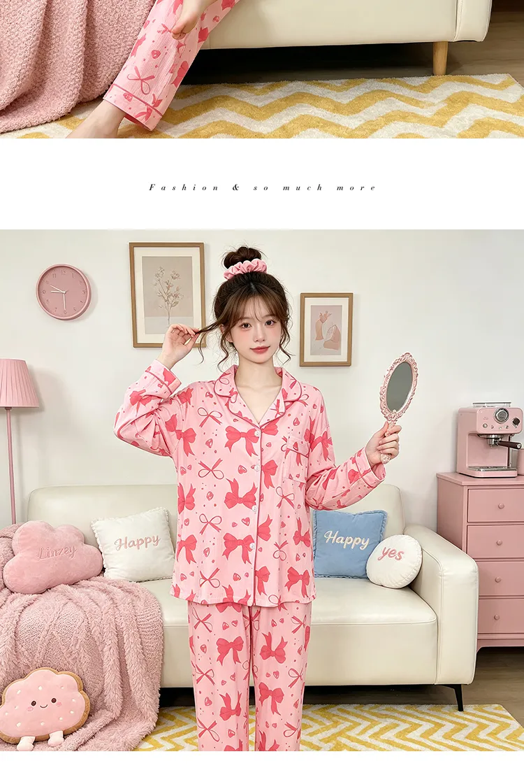 Yuanxing 3578 Ins Style Japanese Sweet Bow Wrinkle Fabric Long Sleeve Long Pants Loungewear Women's Pajama Set · Wholesale · OEM · Worldwide Shipping - Detail 11