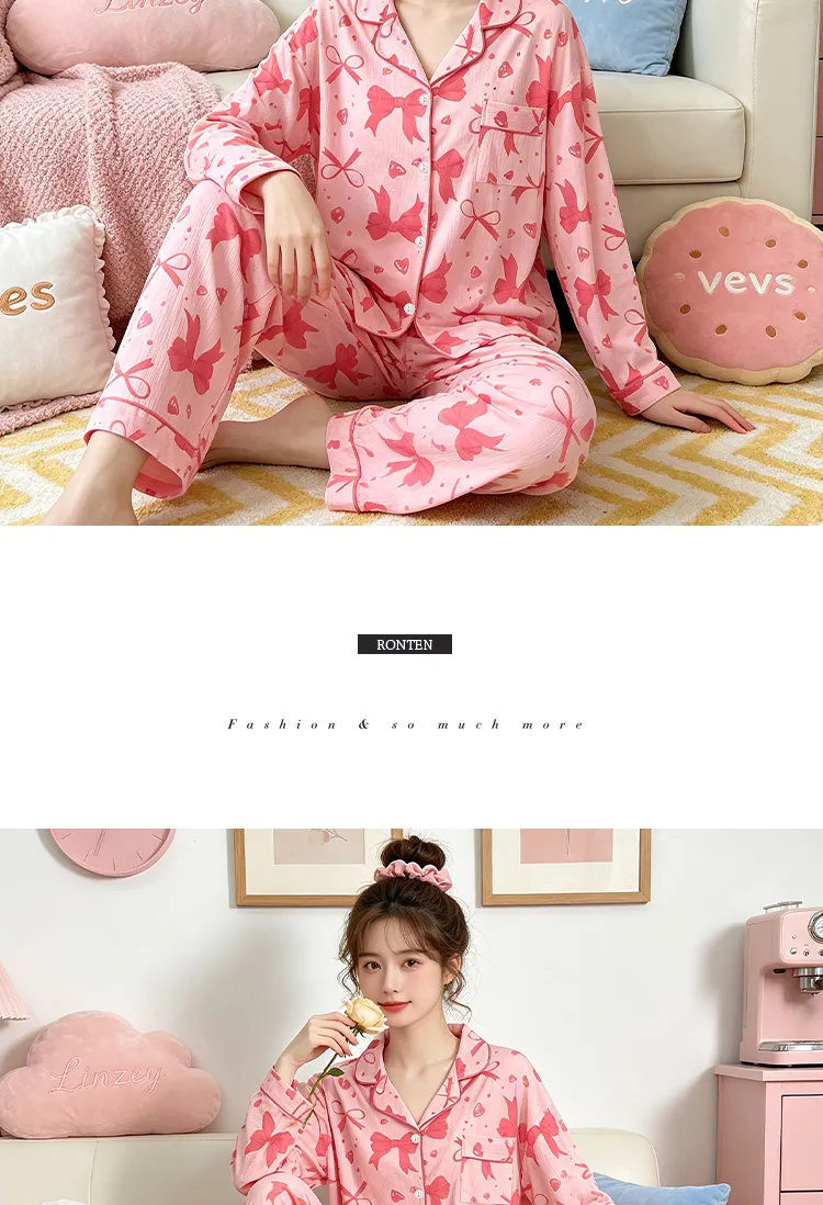 Yuanxing 3578 Ins Style Japanese Sweet Bow Wrinkle Fabric Long Sleeve Long Pants Loungewear Women's Pajama Set · Wholesale · OEM · Worldwide Shipping - Detail 9