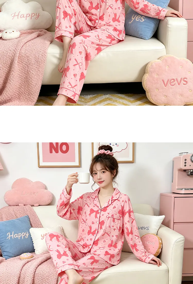 Yuanxing 3578 Ins Style Japanese Sweet Bow Wrinkle Fabric Long Sleeve Long Pants Loungewear Women's Pajama Set · Wholesale · OEM · Worldwide Shipping - Detail 10
