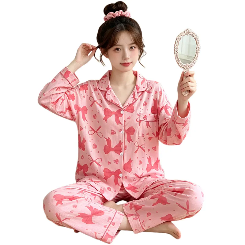 Yuanxing 3578 Ins Style Japanese Sweet Bow Wrinkle Fabric Long Sleeve Long Pants Loungewear Women's Pajama Set · Wholesale · OEM · Worldwide Shipping - View 4