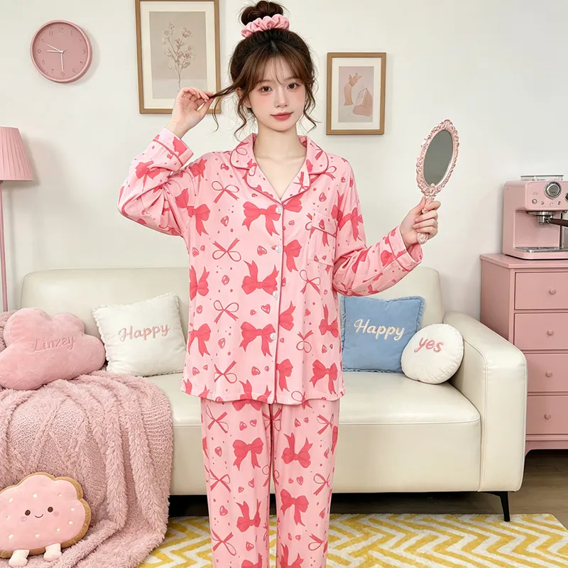 Yuanxing 3578 Ins Style Japanese Sweet Bow Wrinkle Fabric Long Sleeve Long Pants Loungewear Women's Pajama Set · Wholesale · OEM · Worldwide Shipping - View 3