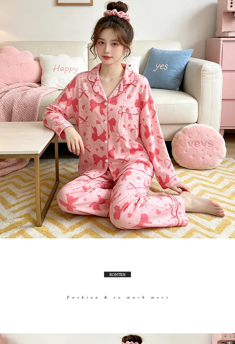 Yuanxing 3578 Ins Style Japanese Sweet Bow Wrinkle Fabric Long Sleeve Long Pants Loungewear Women's Pajama Set · Wholesale · OEM · Worldwide Shipping - Detail 7