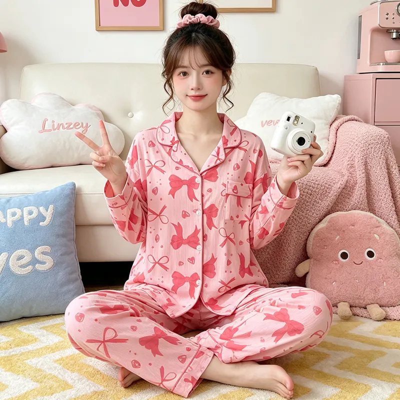 Yuanxing 3578 Ins Style Japanese Sweet Bow Wrinkle Fabric Long Sleeve Long Pants Loungewear Women's Pajama Set · Wholesale · OEM · Worldwide Shipping