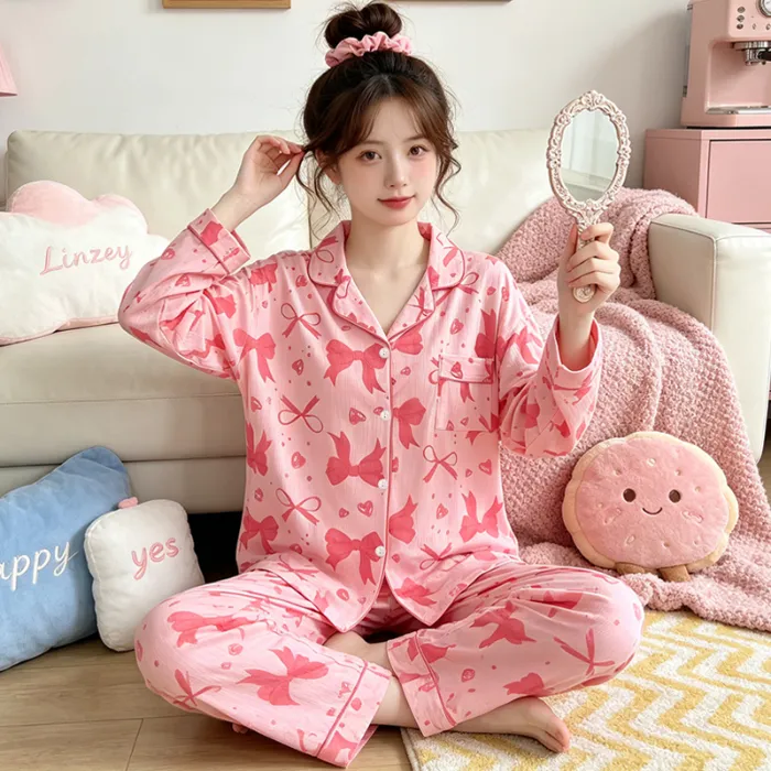 Yuanxing 3578 Ins Style Japanese Sweet Bow Wrinkle Fabric Long Sleeve Long Pants Loungewear Women's Pajama Set · Wholesale · OEM · Worldwide Shipping - Detail 1