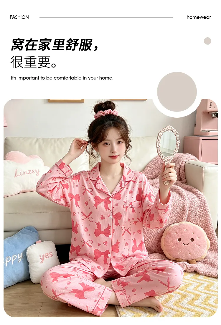 Yuanxing 3578 Ins Style Japanese Sweet Bow Wrinkle Fabric Long Sleeve Long Pants Loungewear Women's Pajama Set · Wholesale · OEM · Worldwide Shipping - Detail 2