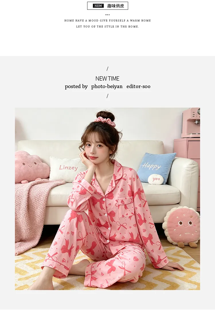 Yuanxing 3578 Ins Style Japanese Sweet Bow Wrinkle Fabric Long Sleeve Long Pants Loungewear Women's Pajama Set · Wholesale · OEM · Worldwide Shipping - Detail 5