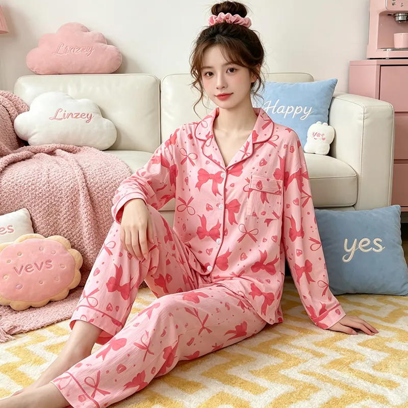 Yuanxing 3578 Ins Style Japanese Sweet Bow Wrinkle Fabric Long Sleeve Long Pants Loungewear Women's Pajama Set · Wholesale · OEM · Worldwide Shipping - View 1