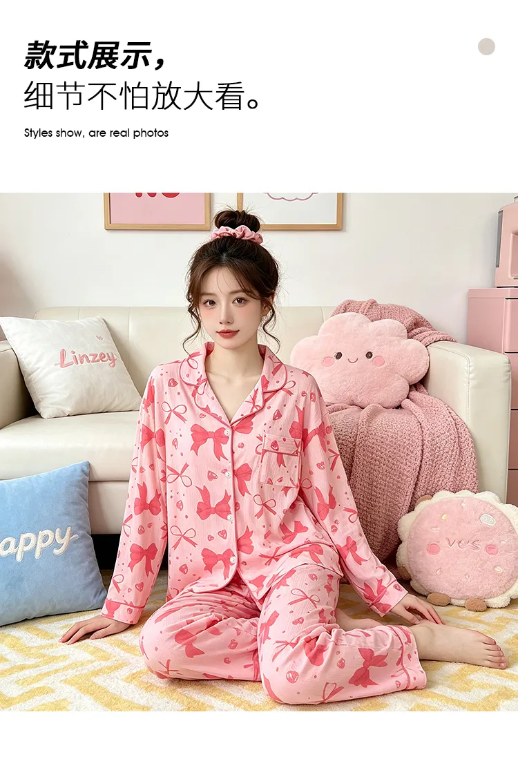 Yuanxing 3578 Ins Style Japanese Sweet Bow Wrinkle Fabric Long Sleeve Long Pants Loungewear Women's Pajama Set · Wholesale · OEM · Worldwide Shipping - Detail 4