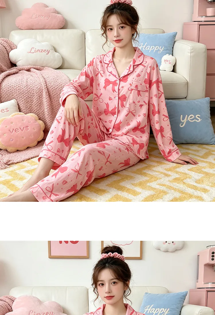 Yuanxing 3578 Ins Style Japanese Sweet Bow Wrinkle Fabric Long Sleeve Long Pants Loungewear Women's Pajama Set · Wholesale · OEM · Worldwide Shipping - Detail 8