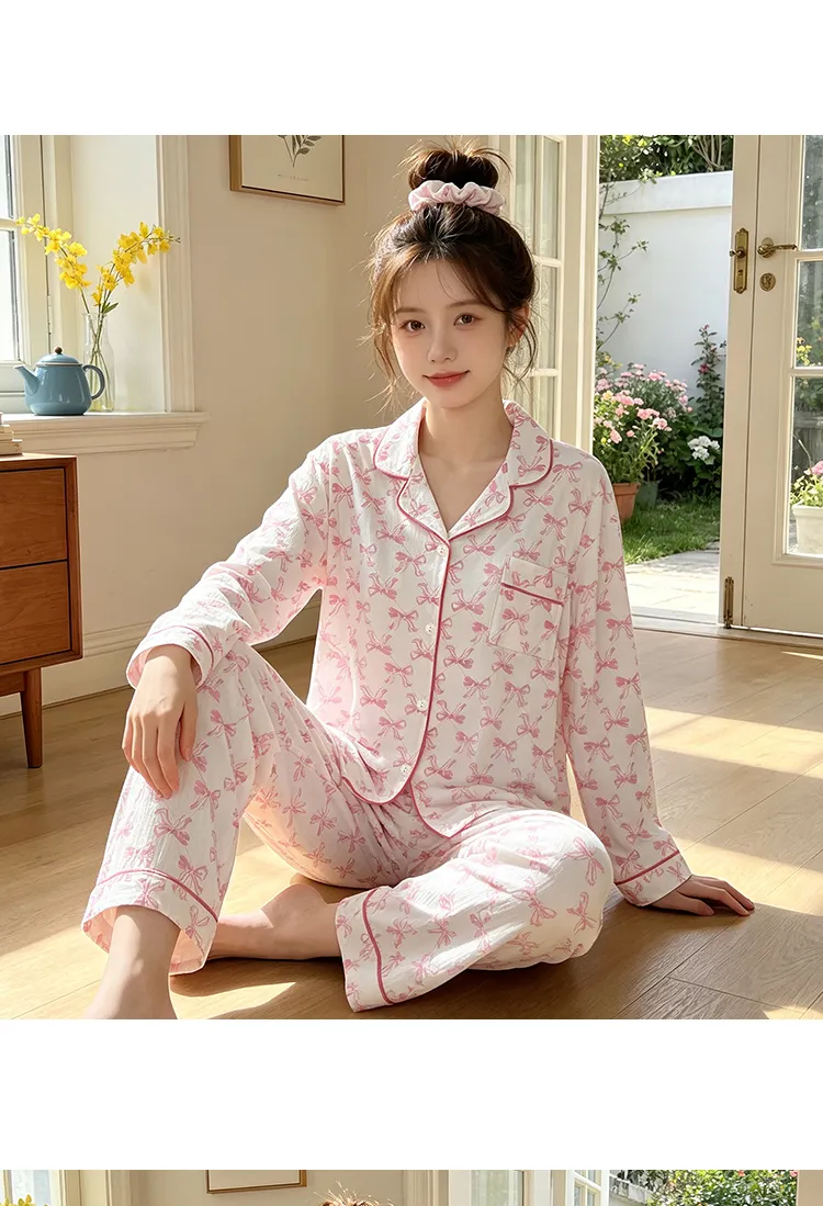 Yuanxing 3579 Ins Style Japanese Sweet Xiaoxiang Style Butterfly Crinkle Fabric Long Sleeve Long Pants Loungewear Pajama Set · Wholesale · OEM · Worldwide Shipping - Detail 6