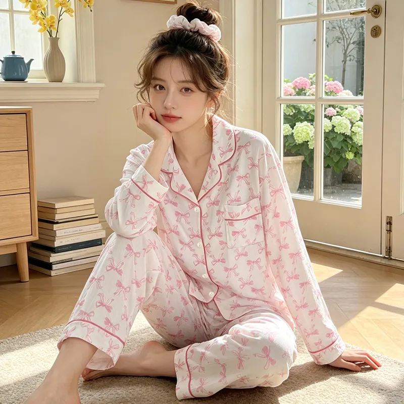 Yuanxing 3579 Ins Style Japanese Sweet Xiaoxiang Style Butterfly Crinkle Fabric Long Sleeve Long Pants Loungewear Pajama Set · Wholesale · OEM · Worldwide Shipping - View 3