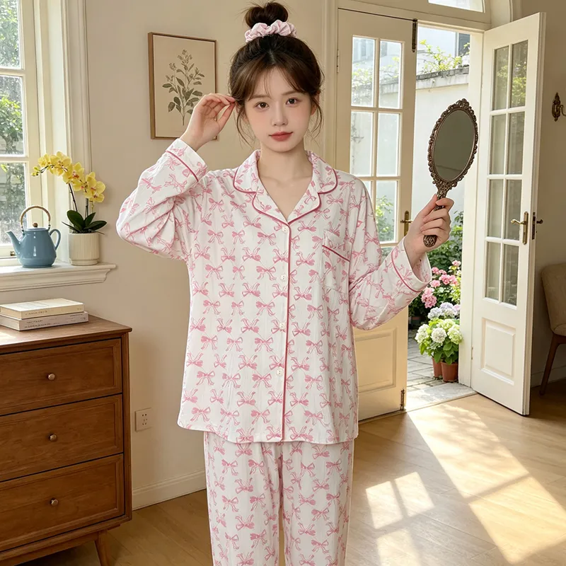 Yuanxing 3579 Ins Style Japanese Sweet Xiaoxiang Style Butterfly Crinkle Fabric Long Sleeve Long Pants Loungewear Pajama Set · Wholesale · OEM · Worldwide Shipping - View 2