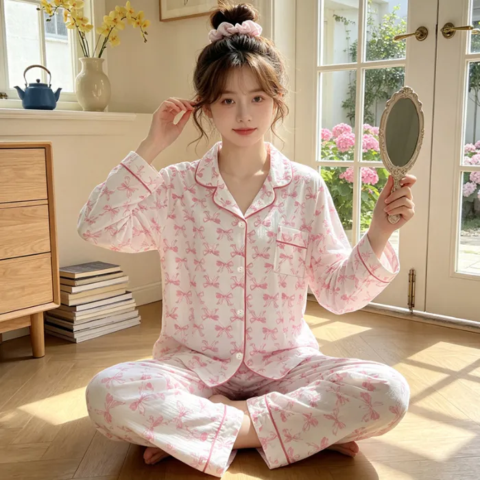 Yuanxing 3579 Ins Style Japanese Sweet Xiaoxiang Style Butterfly Crinkle Fabric Long Sleeve Long Pants Loungewear Pajama Set · Wholesale · OEM · Worldwide Shipping - Detail 1