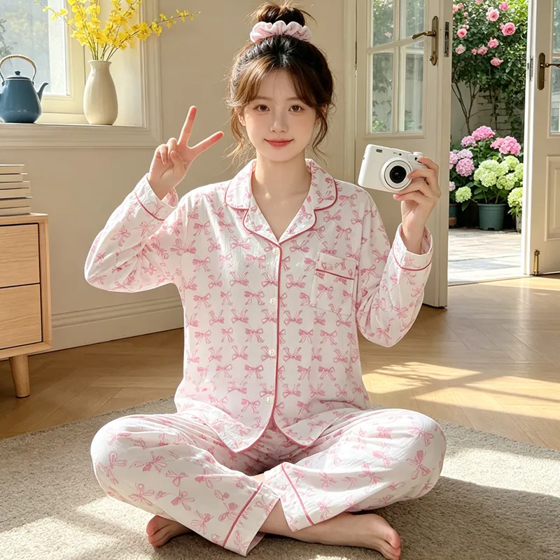 Yuanxing 3579 Ins Style Japanese Sweet Xiaoxiang Style Butterfly Crinkle Fabric Long Sleeve Long Pants Loungewear Pajama Set · Wholesale · OEM · Worldwide Shipping