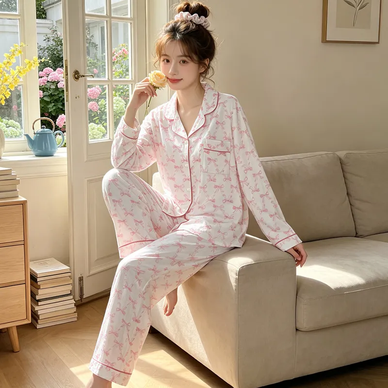 Yuanxing 3579 Ins Style Japanese Sweet Xiaoxiang Style Butterfly Crinkle Fabric Long Sleeve Long Pants Loungewear Pajama Set · Wholesale · OEM · Worldwide Shipping - View 1