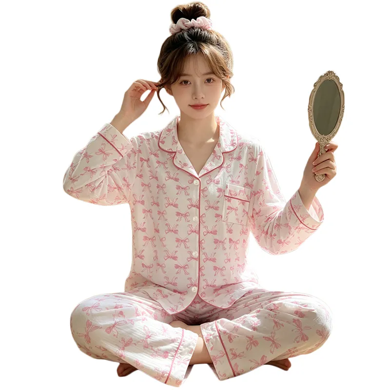 Yuanxing 3579 Ins Style Japanese Sweet Xiaoxiang Style Butterfly Crinkle Fabric Long Sleeve Long Pants Loungewear Pajama Set · Wholesale · OEM · Worldwide Shipping - View 4