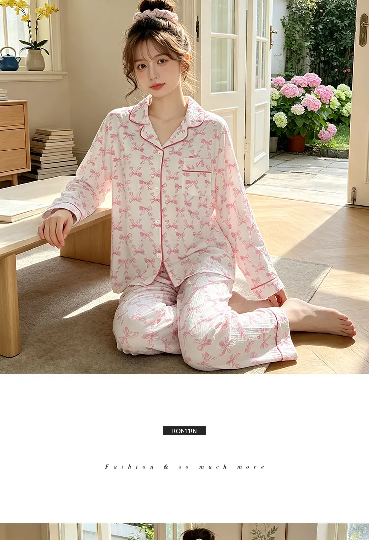 Yuanxing 3579 Ins Style Japanese Sweet Xiaoxiang Style Butterfly Crinkle Fabric Long Sleeve Long Pants Loungewear Pajama Set · Wholesale · OEM · Worldwide Shipping - Detail 7
