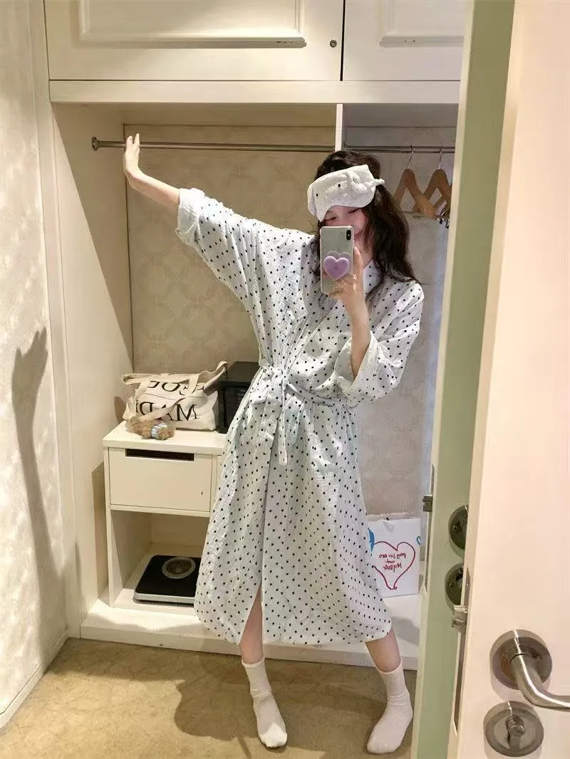 Lazy Style Vintage Polka Dot Print Robe Sleep Dress Pajamas Women's Spring Autumn Long Sleeve · Wholesale · OEM · Worldwide Shipping - Detail 8