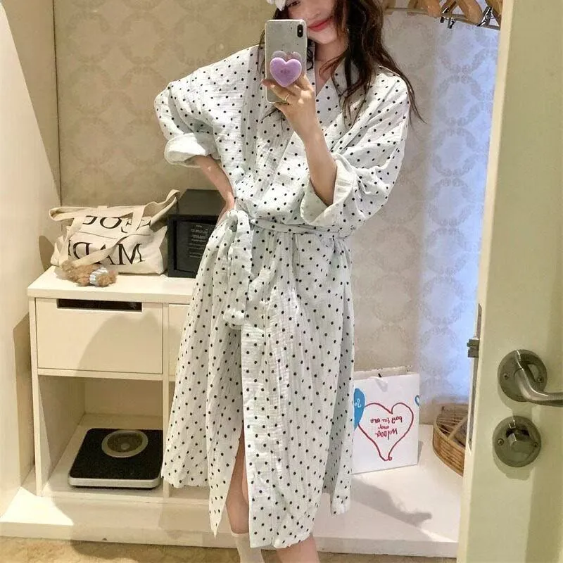 Lazy Style Vintage Polka Dot Print Robe Sleep Dress Pajamas Women's Spring Autumn Long Sleeve · Wholesale · OEM · Worldwide Shipping - View 2