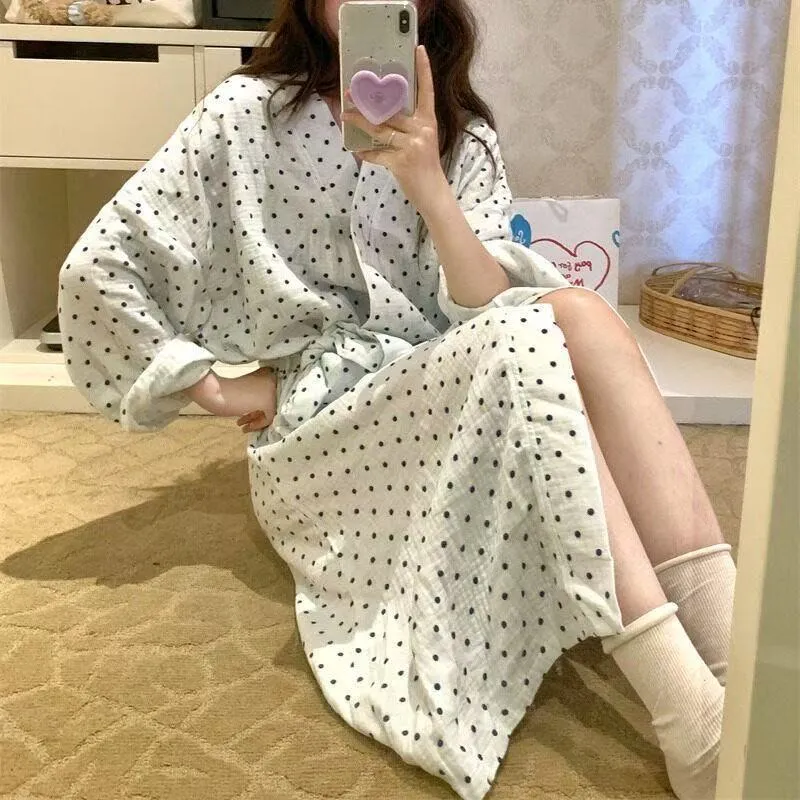 Lazy Style Vintage Polka Dot Print Robe Sleep Dress Pajamas Women's Spring Autumn Long Sleeve · Wholesale · OEM · Worldwide Shipping - View 1