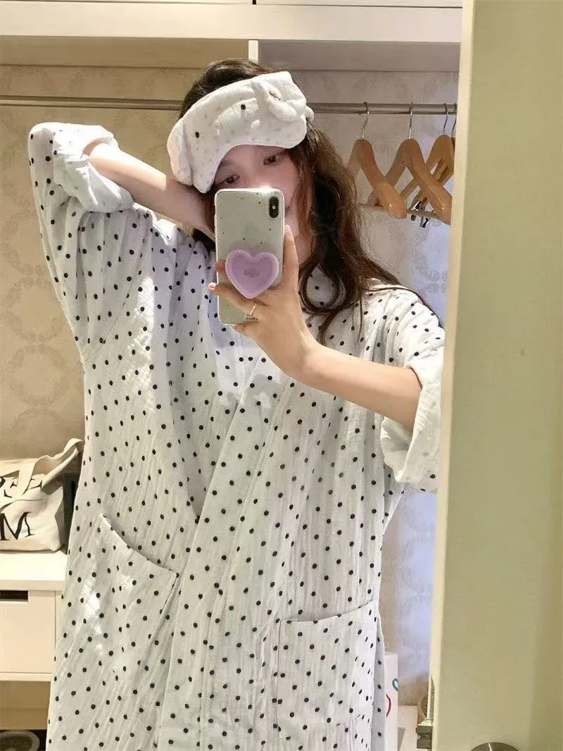 Lazy Style Vintage Polka Dot Print Robe Sleep Dress Pajamas Women's Spring Autumn Long Sleeve · Wholesale · OEM · Worldwide Shipping - Detail 9
