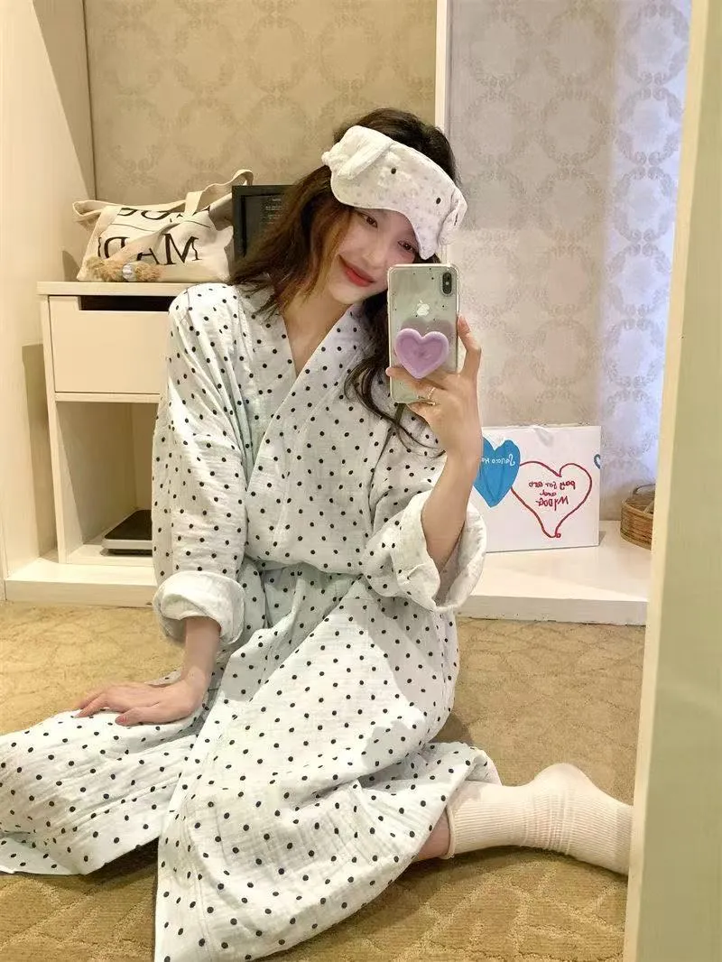 Lazy Style Vintage Polka Dot Print Robe Sleep Dress Pajamas Women's Spring Autumn Long Sleeve · Wholesale · OEM · Worldwide Shipping - Detail 10